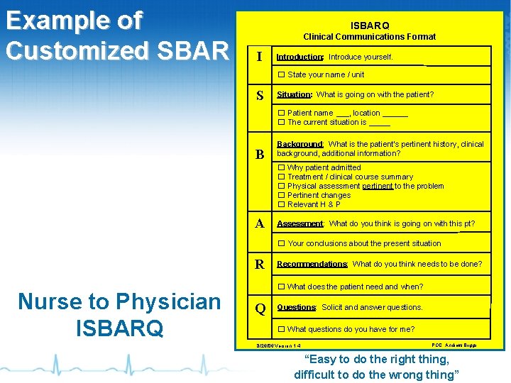 Example of Customized SBAR ISBARQ Clinical Communications Format I Introduction: Introduce yourself. � State