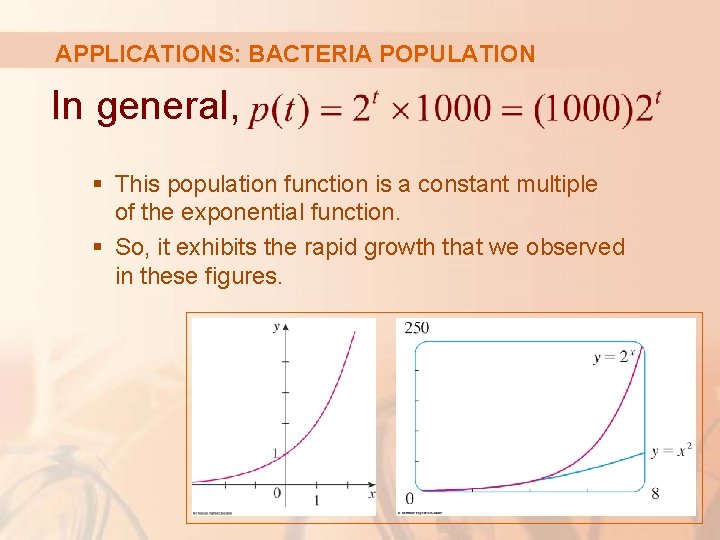 APPLICATIONS: BACTERIA POPULATION In general, § This population function is a constant multiple of