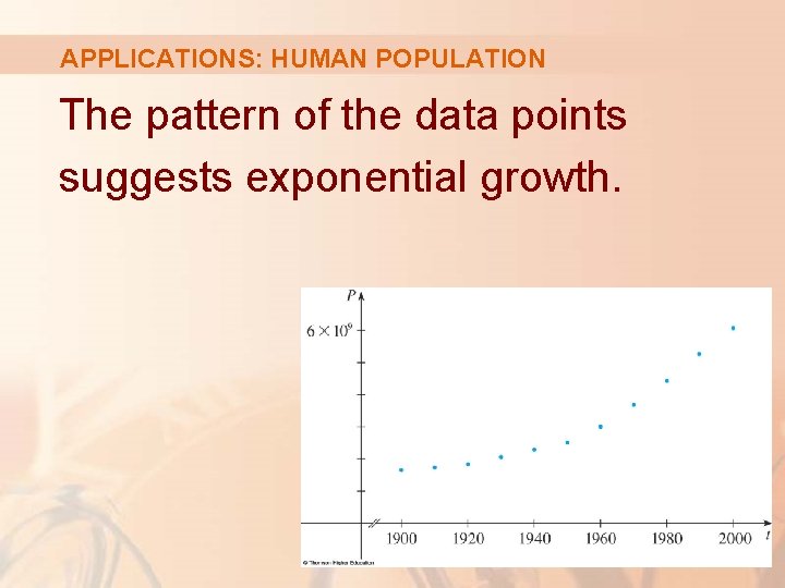 APPLICATIONS: HUMAN POPULATION The pattern of the data points suggests exponential growth. 