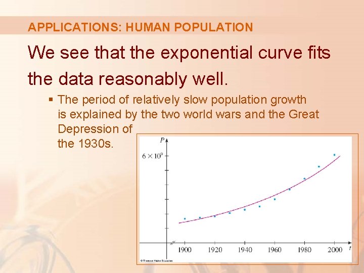 APPLICATIONS: HUMAN POPULATION We see that the exponential curve fits the data reasonably well.