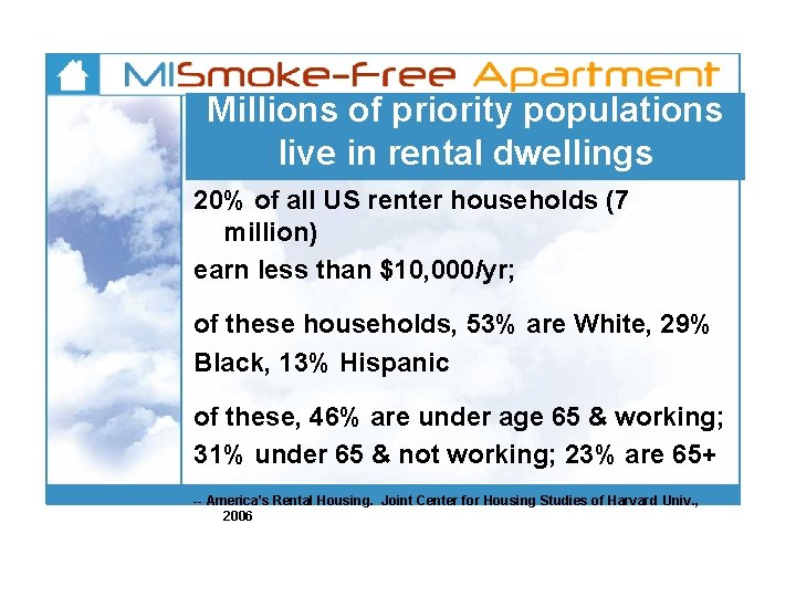 Millions of priority populations live in rental dwellings 20% of all US renter households