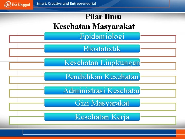 Pilar Ilmu Kesehatan Masyarakat Epidemiologi Biostatistik Kesehatan Lingkungan Pendidikan Kesehatan Administrasi Kesehatan Gizi Masyarakat