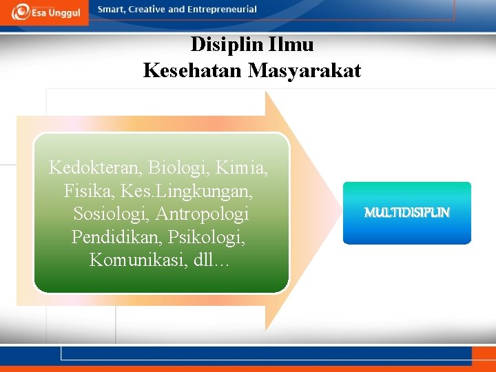 Disiplin Ilmu Kesehatan Masyarakat Kedokteran, Biologi, Kimia, Fisika, Kes. Lingkungan, Sosiologi, Antropologi Pendidikan, Psikologi,