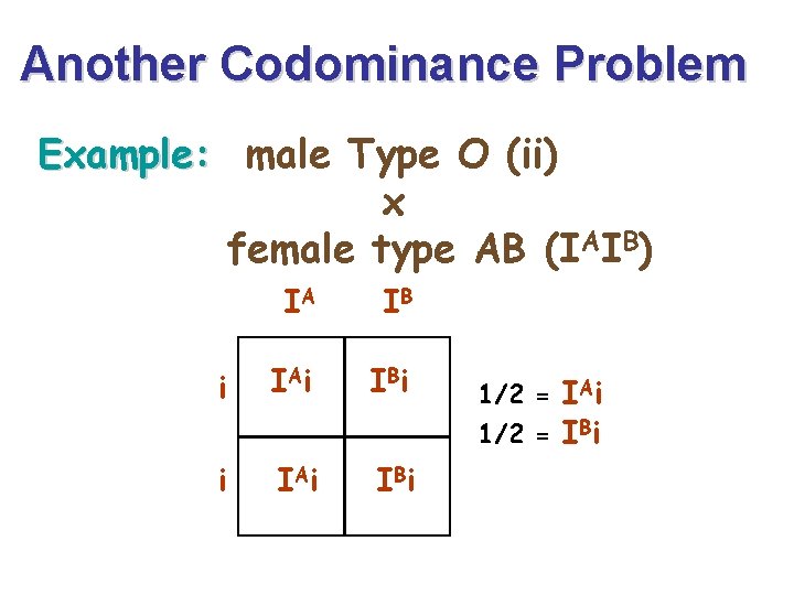Another Codominance Problem Example: male Type O (ii) x female type AB (IAIB) IA