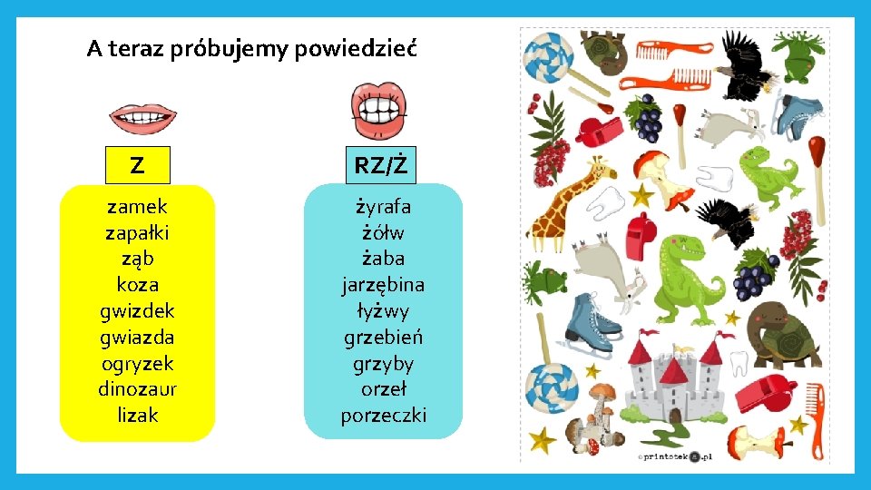 A teraz próbujemy powiedzieć Z RZ/Ż zamek zapałki ząb koza gwizdek gwiazda ogryzek dinozaur