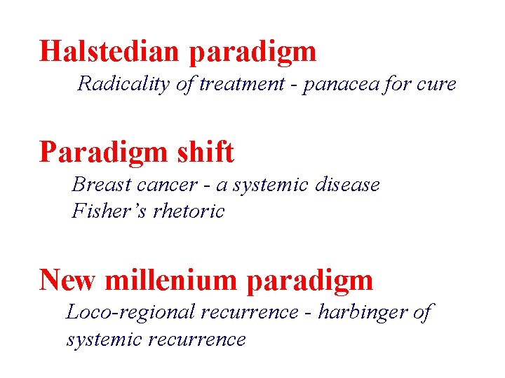 Halstedian paradigm Radicality of treatment - panacea for cure Paradigm shift Breast cancer - Halstedian paradigm Radicality of treatment - panacea for cure Paradigm shift Breast cancer -