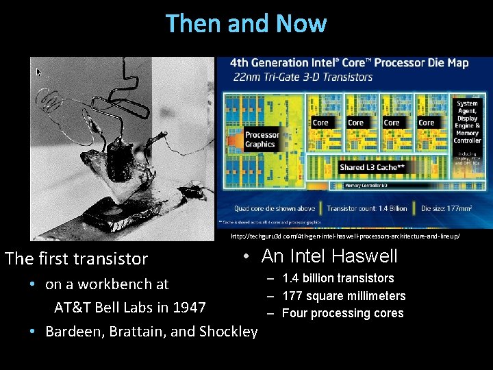 Then and Now http: //techguru 3 d. com/4 th-gen-intel-haswell-processors-architecture-and-lineup/ The first transistor • An
