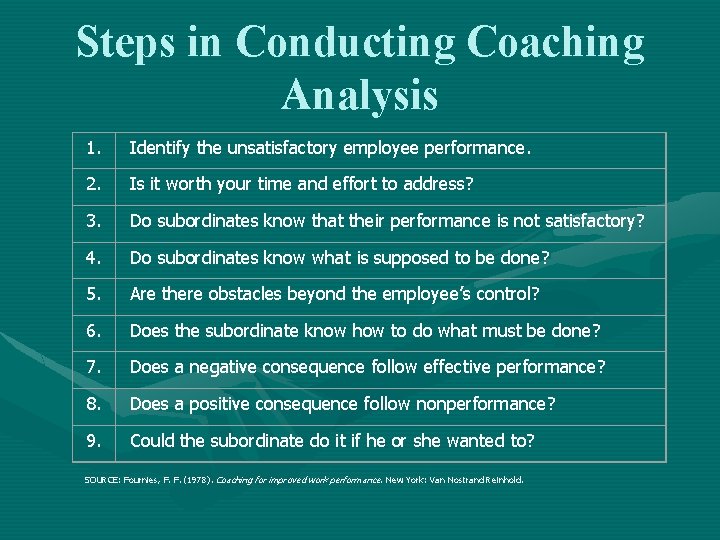 Steps in Conducting Coaching Analysis 1. Identify the unsatisfactory employee performance. 2. Is it