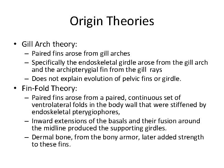 Origin Theories • Gill Arch theory: – Paired fins arose from gill arches –
