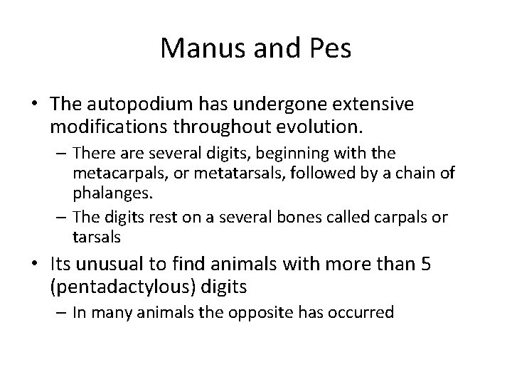 Manus and Pes • The autopodium has undergone extensive modifications throughout evolution. – There