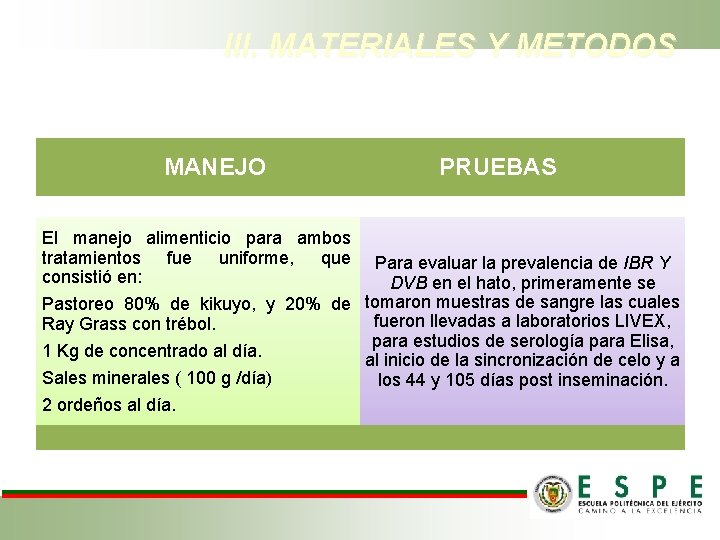 III. MATERIALES Y METODOS MANEJO PRUEBAS El manejo alimenticio para ambos tratamientos fue uniforme,