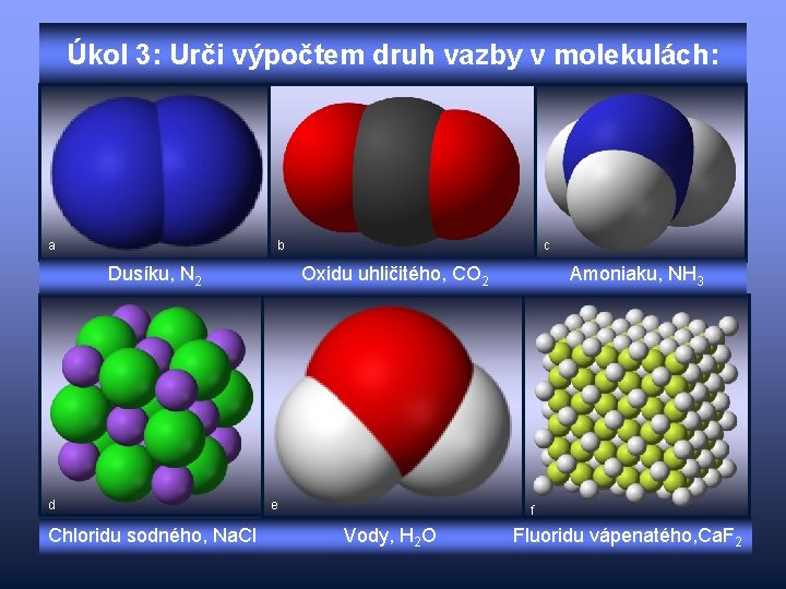 Úkol 3: Urči výpočtem druh vazby v molekulách: a b Dusíku, N 2 d