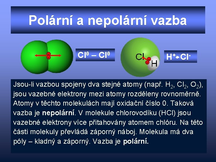 Polární a nepolární vazba - Cl 0 – Cl 0 - H+ Cl- Jsou-li