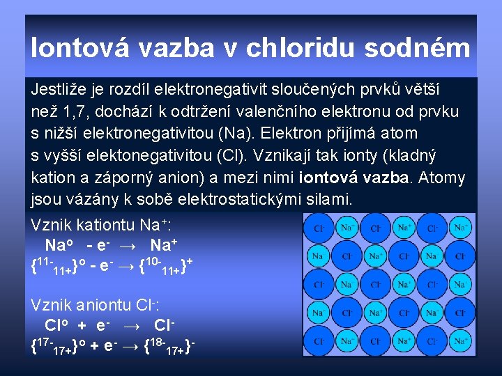 Iontová vazba v chloridu sodném Jestliže je rozdíl elektronegativit sloučených prvků větší než 1,