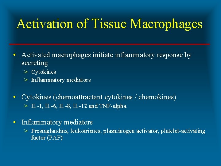 Activation of Tissue Macrophages • Activated macrophages initiate inflammatory response by secreting > Cytokines