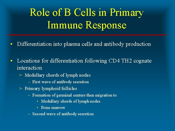 Role of B Cells in Primary Immune Response • Differentiation into plasma cells and