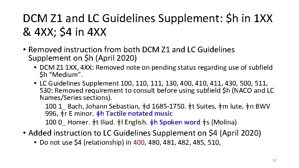 DCM Z 1 and LC Guidelines Supplement: $h in 1 XX & 4 XX;