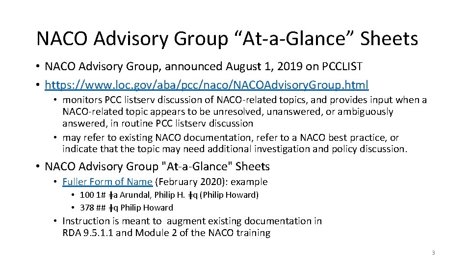 NACO Advisory Group “At-a-Glance” Sheets • NACO Advisory Group, announced August 1, 2019 on