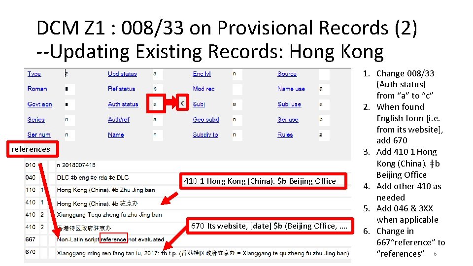 DCM Z 1 : 008/33 on Provisional Records (2) --Updating Existing Records: Hong Kong