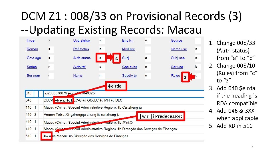 DCM Z 1 : 008/33 on Provisional Records (3) --Updating Existing Records: Macau c