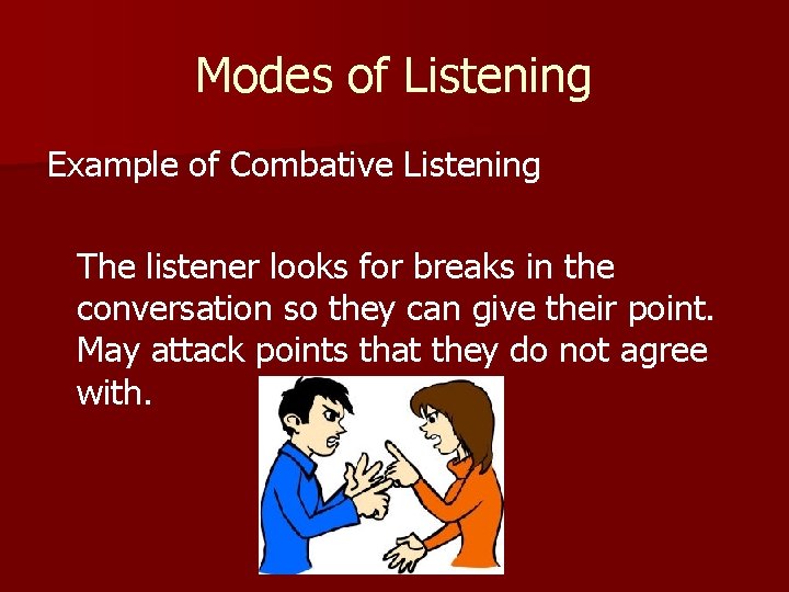 Modes of Listening Example of Combative Listening The listener looks for breaks in the