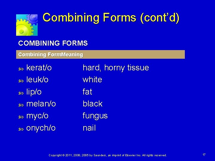Combining Forms (cont’d) COMBINING FORMS Combining Form. Meaning kerat/o leuk/o lip/o melan/o myc/o onych/o