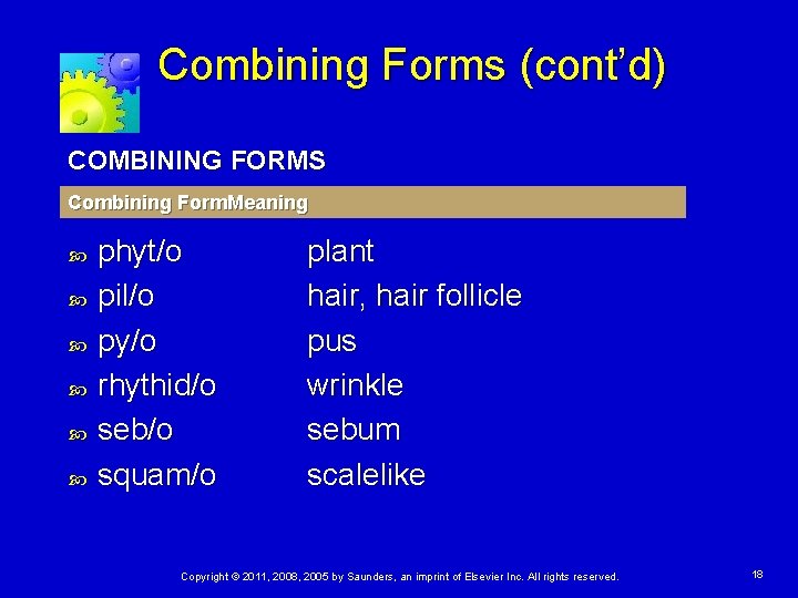 Combining Forms (cont’d) COMBINING FORMS Combining Form. Meaning phyt/o pil/o py/o rhythid/o seb/o squam/o