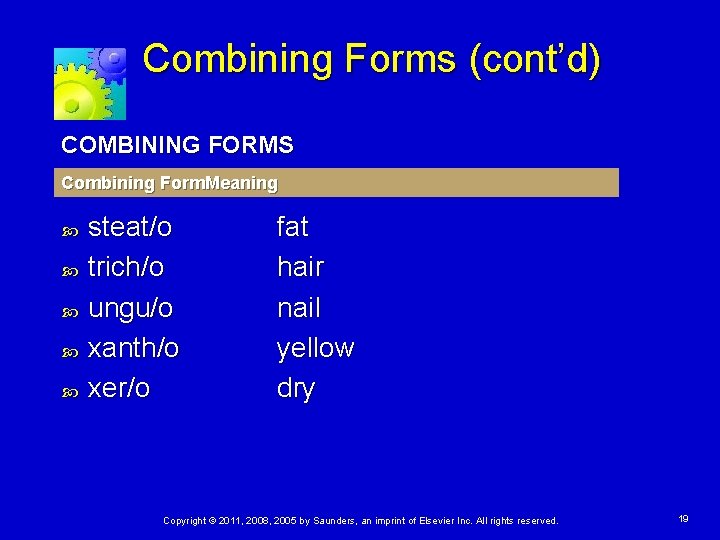 Combining Forms (cont’d) COMBINING FORMS Combining Form. Meaning steat/o trich/o ungu/o xanth/o xer/o fat