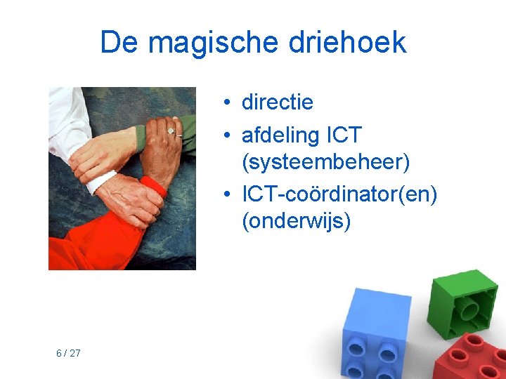 De magische driehoek • directie • afdeling ICT (systeembeheer) • ICT-coördinator(en) (onderwijs) 6 /