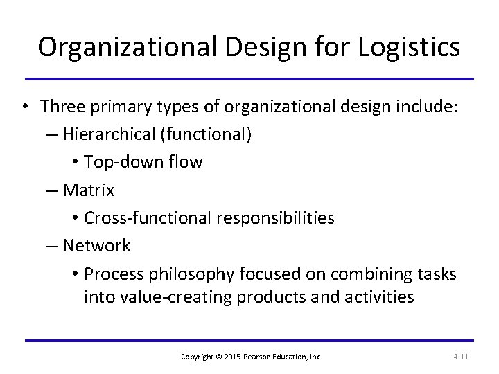 Organizational Design for Logistics • Three primary types of organizational design include: – Hierarchical
