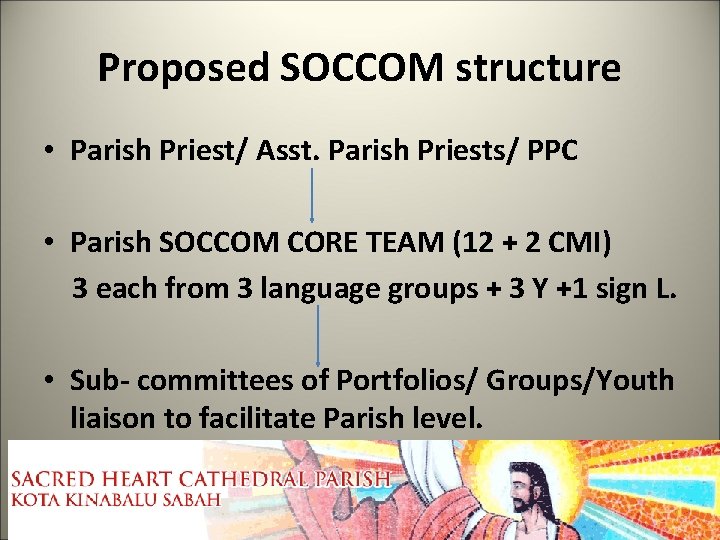 Proposed SOCCOM structure • Parish Priest/ Asst. Parish Priests/ PPC • Parish SOCCOM CORE