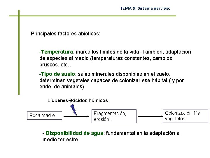 TEMA 9. Sistema nervioso Principales factores abióticos: -Temperatura: marca los límites de la vida.