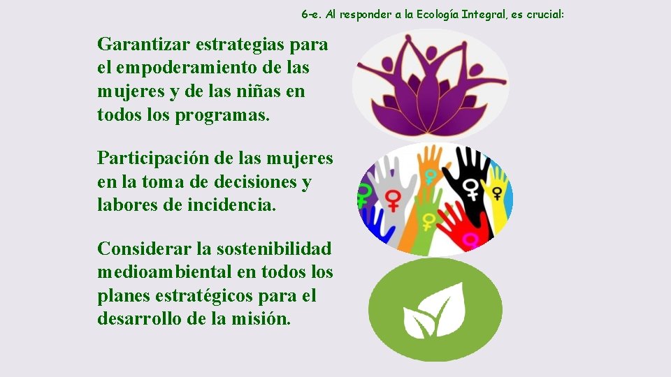 6 -e. Al responder a la Ecología Integral, es crucial: Garantizar estrategias para el