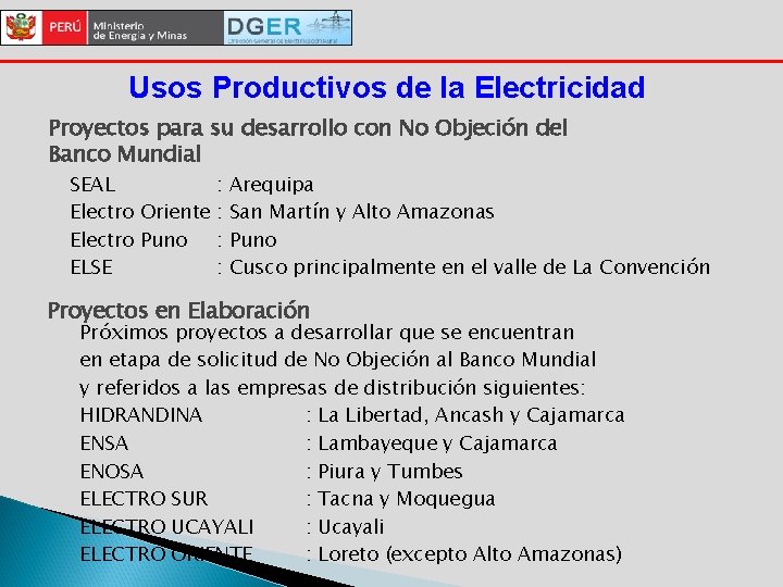 Usos Productivos de la Electricidad Proyectos para su desarrollo con No Objeción del Banco