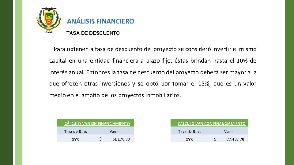 ANÁLISIS FINANCIERO TASA DE DESCUENTO Para obtener la tasa de descuento del proyecto se