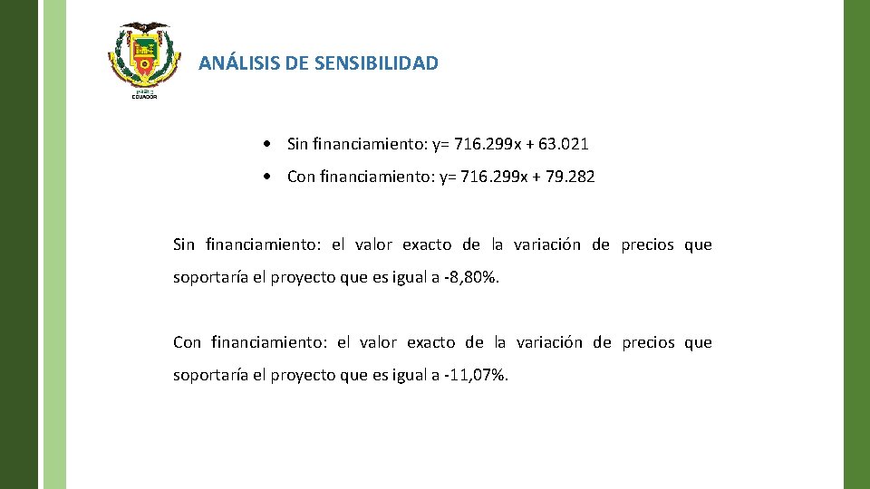 ANÁLISIS DE SENSIBILIDAD Sin financiamiento: y= 716. 299 x + 63. 021 Con financiamiento: