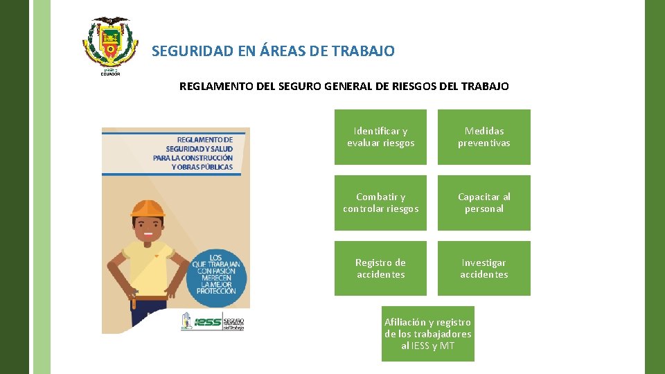 SEGURIDAD EN ÁREAS DE TRABAJO REGLAMENTO DEL SEGURO GENERAL DE RIESGOS DEL TRABAJO Identificar