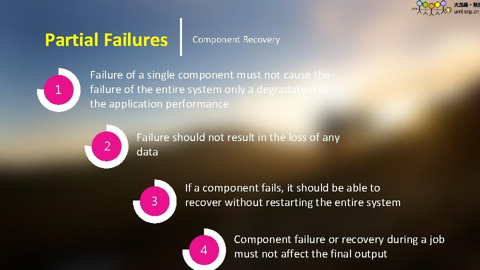 Partial Failures 1 Component Recovery Failure of a single component must not cause the