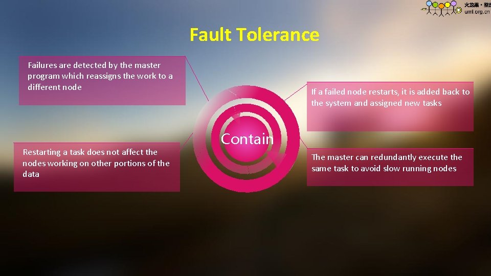 Fault Tolerance Failures are detected by the master program which reassigns the work to