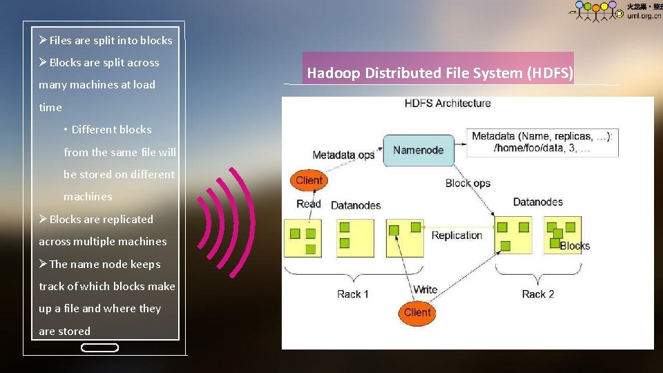 ØFiles are split into blocks ØBlocks are split across many machines at load Hadoop