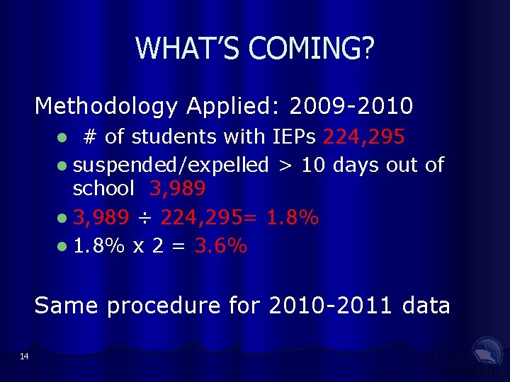 WHAT’S COMING? Methodology Applied: 2009 -2010 # of students with IEPs 224, 295 l