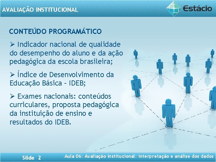 AVALIAÇÃO INSTITUCIONAL CONTEÚDO PROGRAMÁTICO Ø Indicador nacional de qualidade do desempenho do aluno e