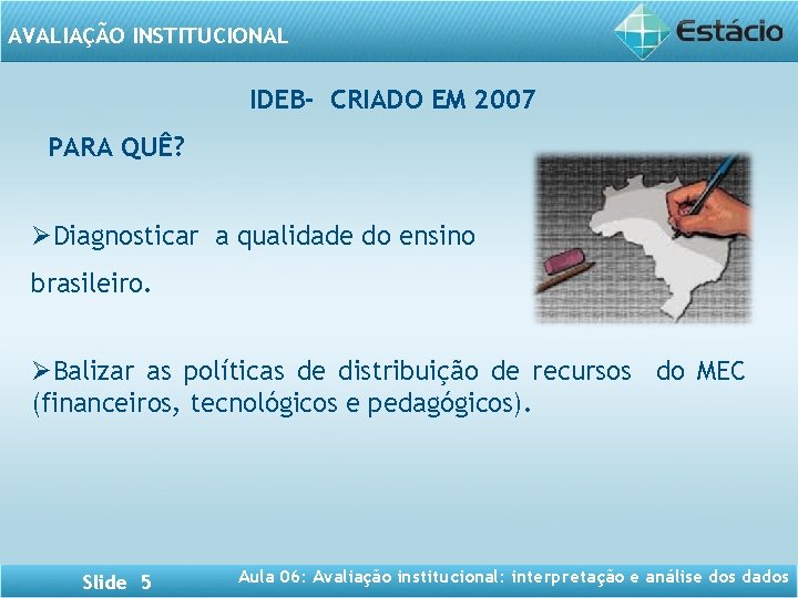 AVALIAÇÃO INSTITUCIONAL IDEB- CRIADO EM 2007 PARA QUÊ? ØDiagnosticar a qualidade do ensino brasileiro.