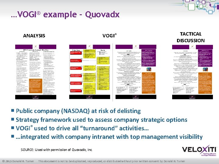 …VOGI® example - Quovadx ANALYSIS VOGI® TACTICAL DISCUSSION ￭ Public company (NASDAQ) at risk