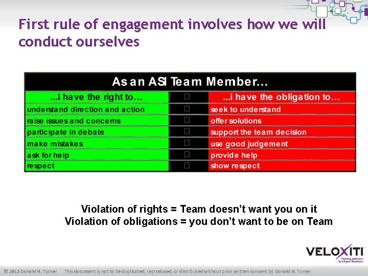 First rule of engagement involves how we will conduct ourselves Violation of rights =