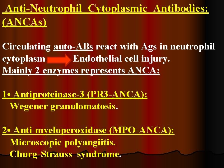 Anti-Neutrophil Cytoplasmic Antibodies: (ANCAs) Circulating auto-ABs react with Ags in neutrophil cytoplasm Endothelial cell