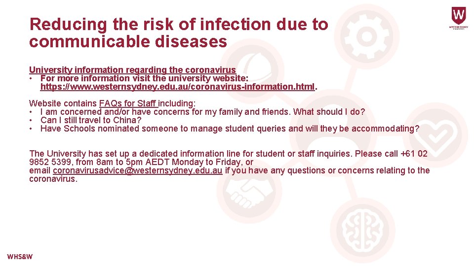 Reducing the risk of infection due to communicable diseases University information regarding the coronavirus