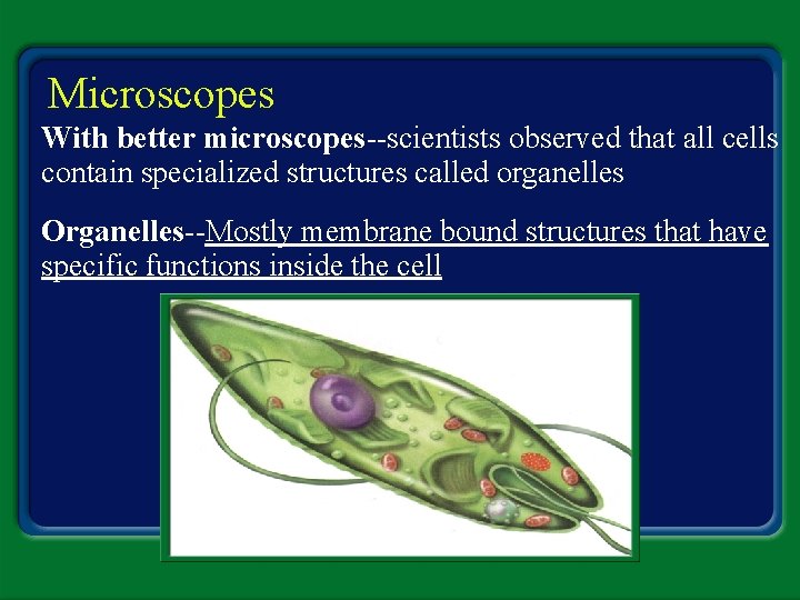 Microscopes With better microscopes--scientists observed that all cells contain specialized structures called organelles Organelles--Mostly