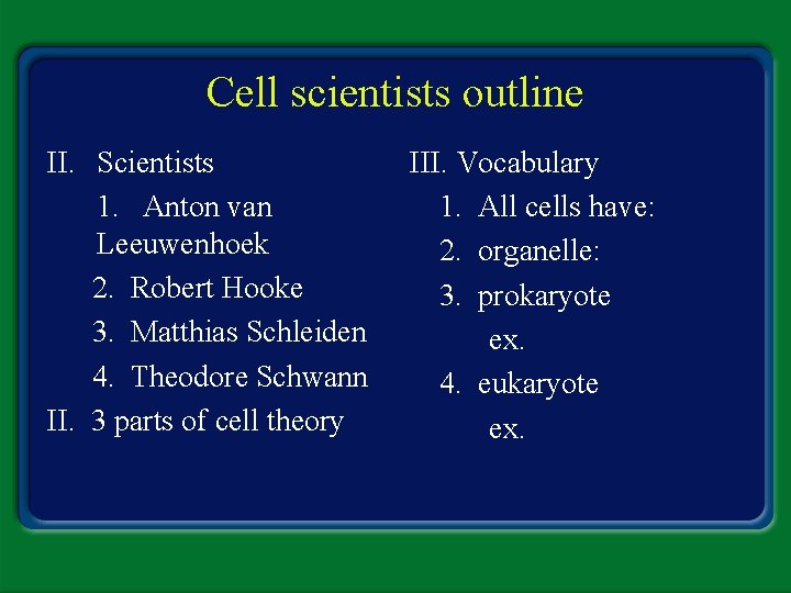 Cell scientists outline II. Scientists 1. Anton van Leeuwenhoek 2. Robert Hooke 3. Matthias