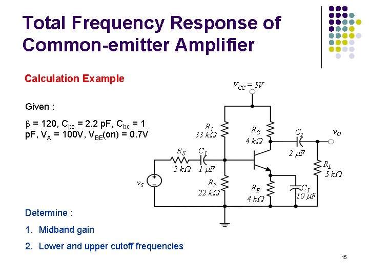 Total Frequency Response of Common-emitter Amplifier Calculation Example VCC = 5 V Given : Total Frequency Response of Common-emitter Amplifier Calculation Example VCC = 5 V Given :